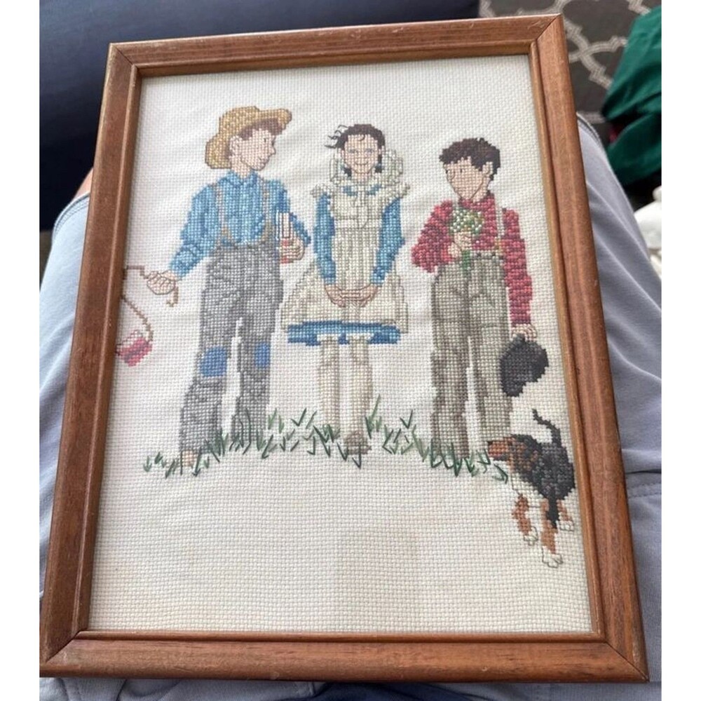 Norman Rockwell two boys girl with their dog completed Work Cross stitch framed